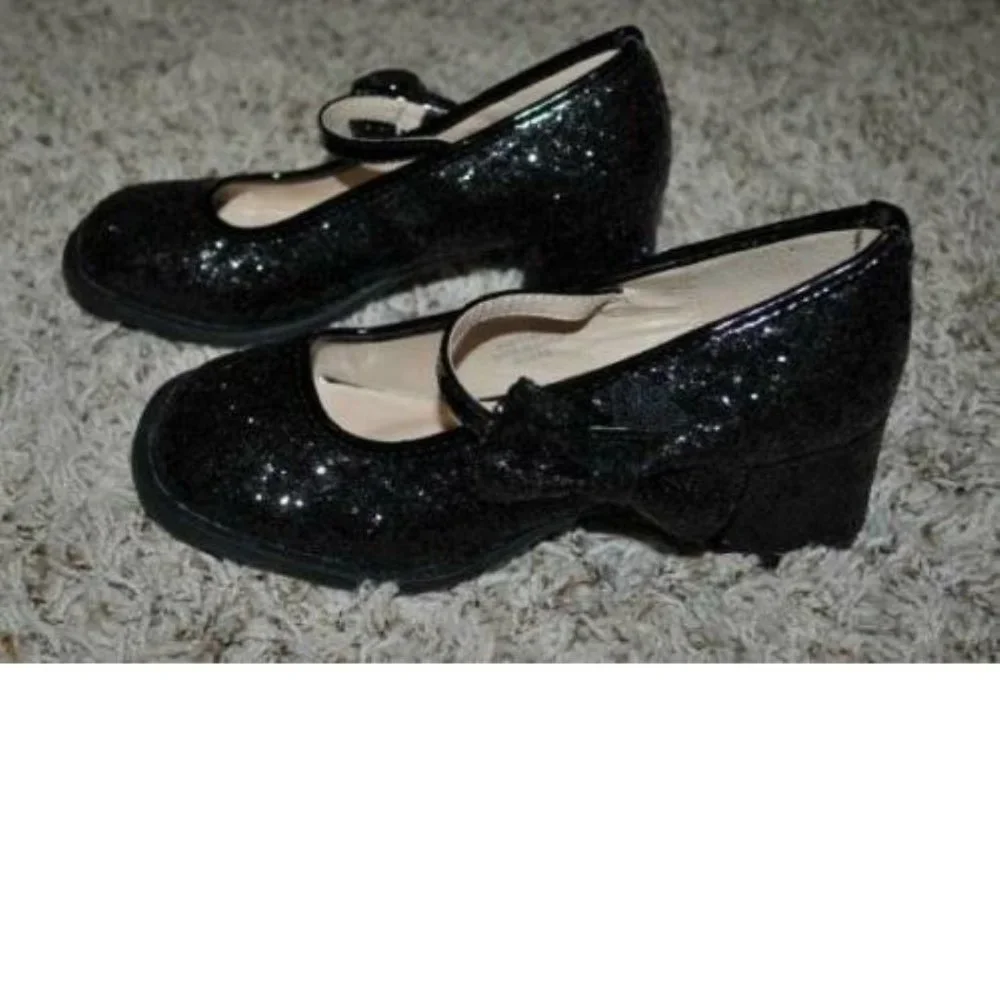Black Glitter Dress Up Shoes 4/5 Low Block Heels Maryjane Halloween Girls
